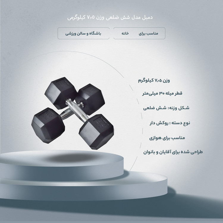 دمبل مدل شش ضلعی وزن 7.5 کیلوگرم بسته 2 عددی